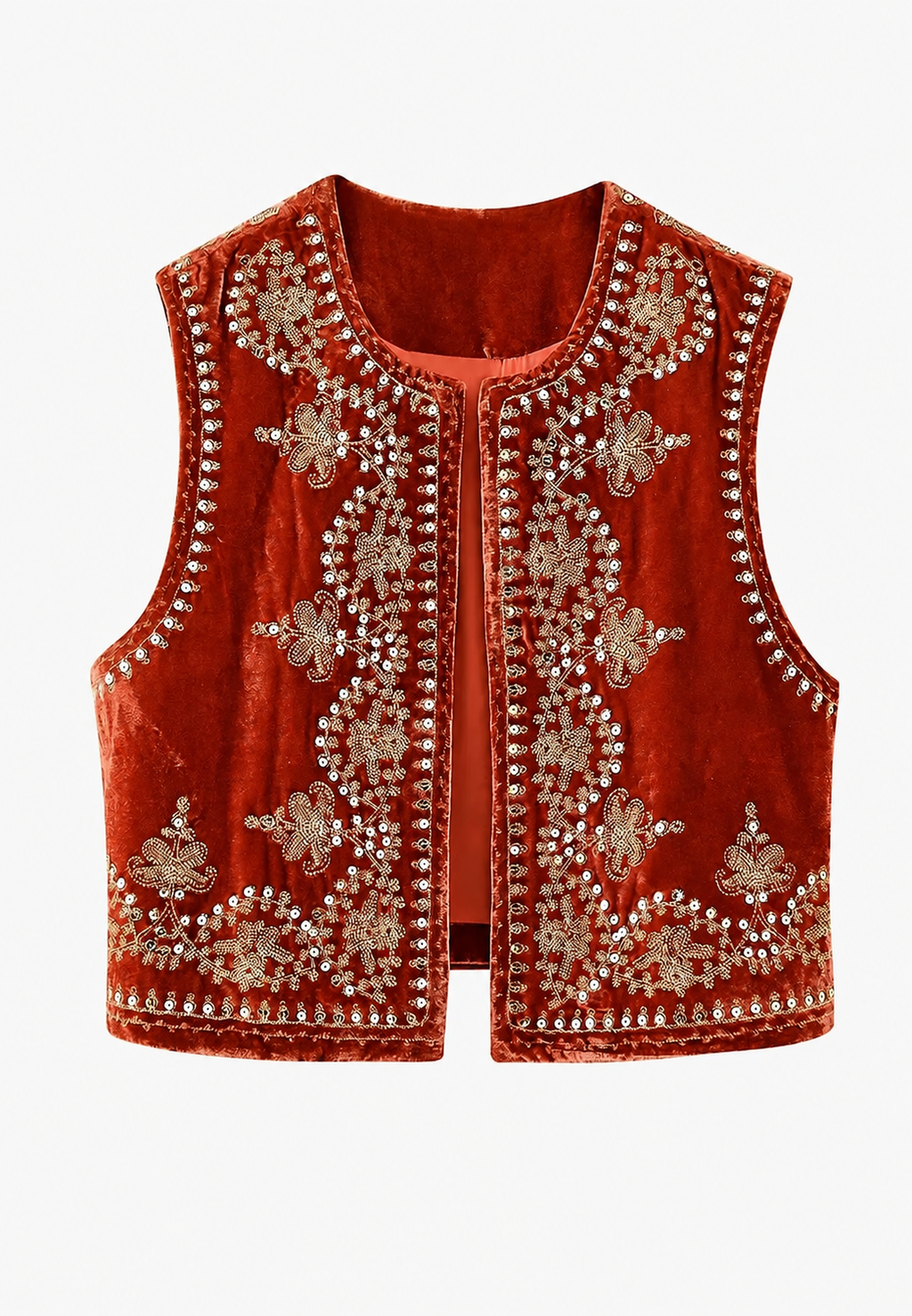 Chaleco mujer terciopelo bordado floral cuello redondo corte recto elegante - Celina