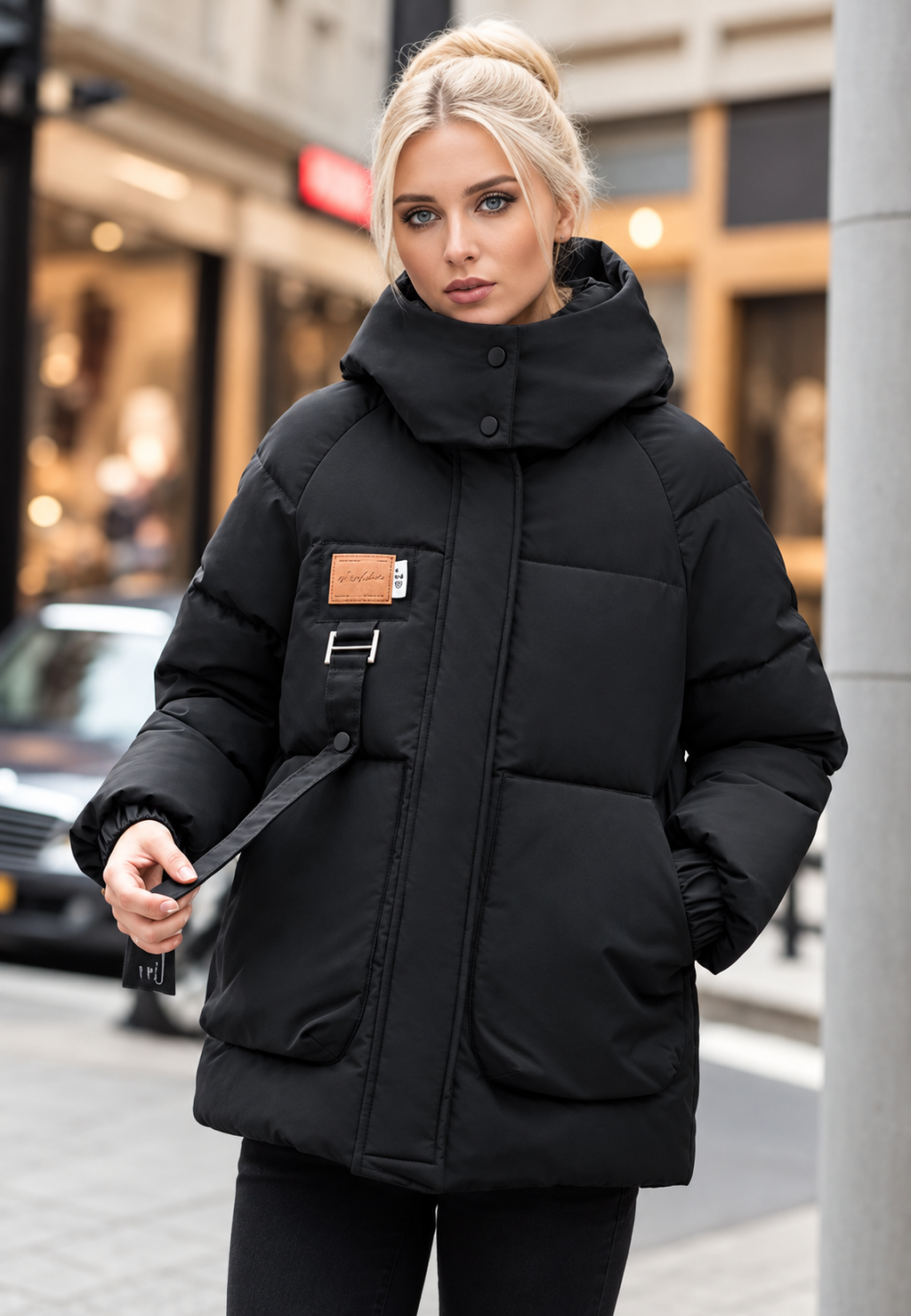 Chaqueta acolchada mujer capucha cuello alto bolsillos solapa corte holgado volumen - Iria
