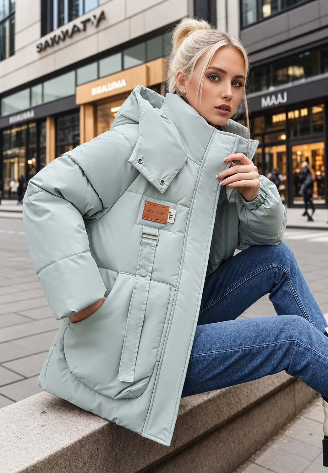 Chaqueta acolchada mujer capucha cuello alto bolsillos solapa corte holgado volumen - Iria