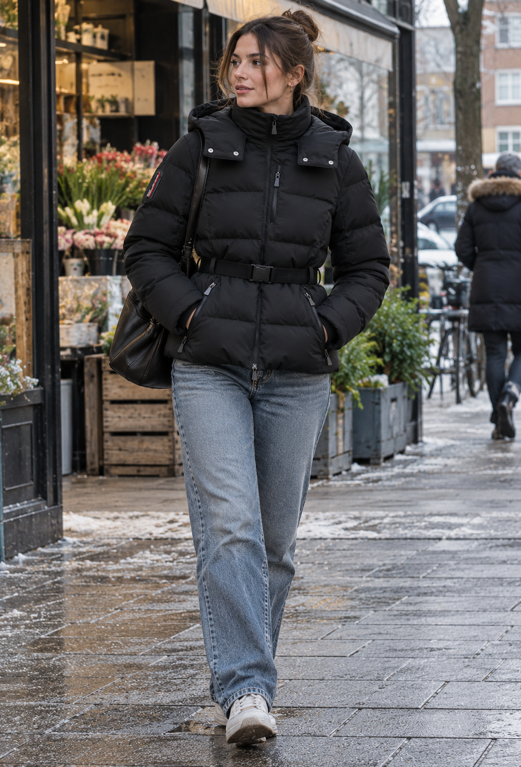 Chaqueta acolchada mujer cinturón ajustable hebilla capucha cuello alto cintura marcada - Mirel
