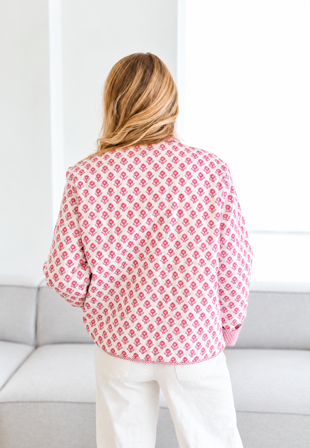 Chaqueta acolchada mujer estampado floral cuello camisero rayas corte recto - Lola