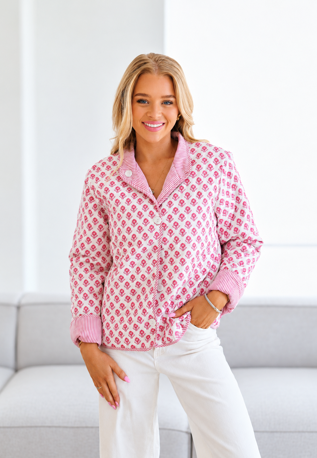 Chaqueta acolchada mujer estampado floral cuello camisero rayas corte recto - Lola