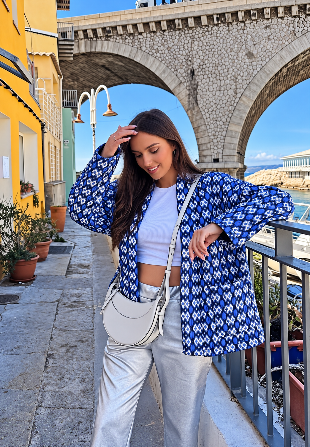 Chaqueta acolchada mujer estampado geométrico bolsillos parche corte amplio - Casandrina