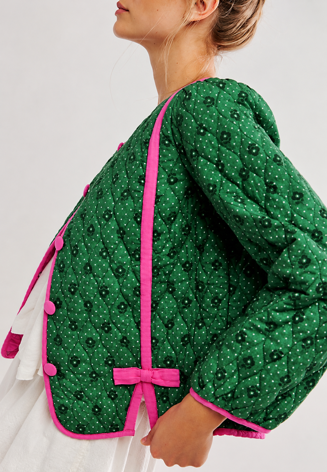 Chaqueta acolchada mujer estampado geométrico lazos decorativos botones forrados corta - Selvara
