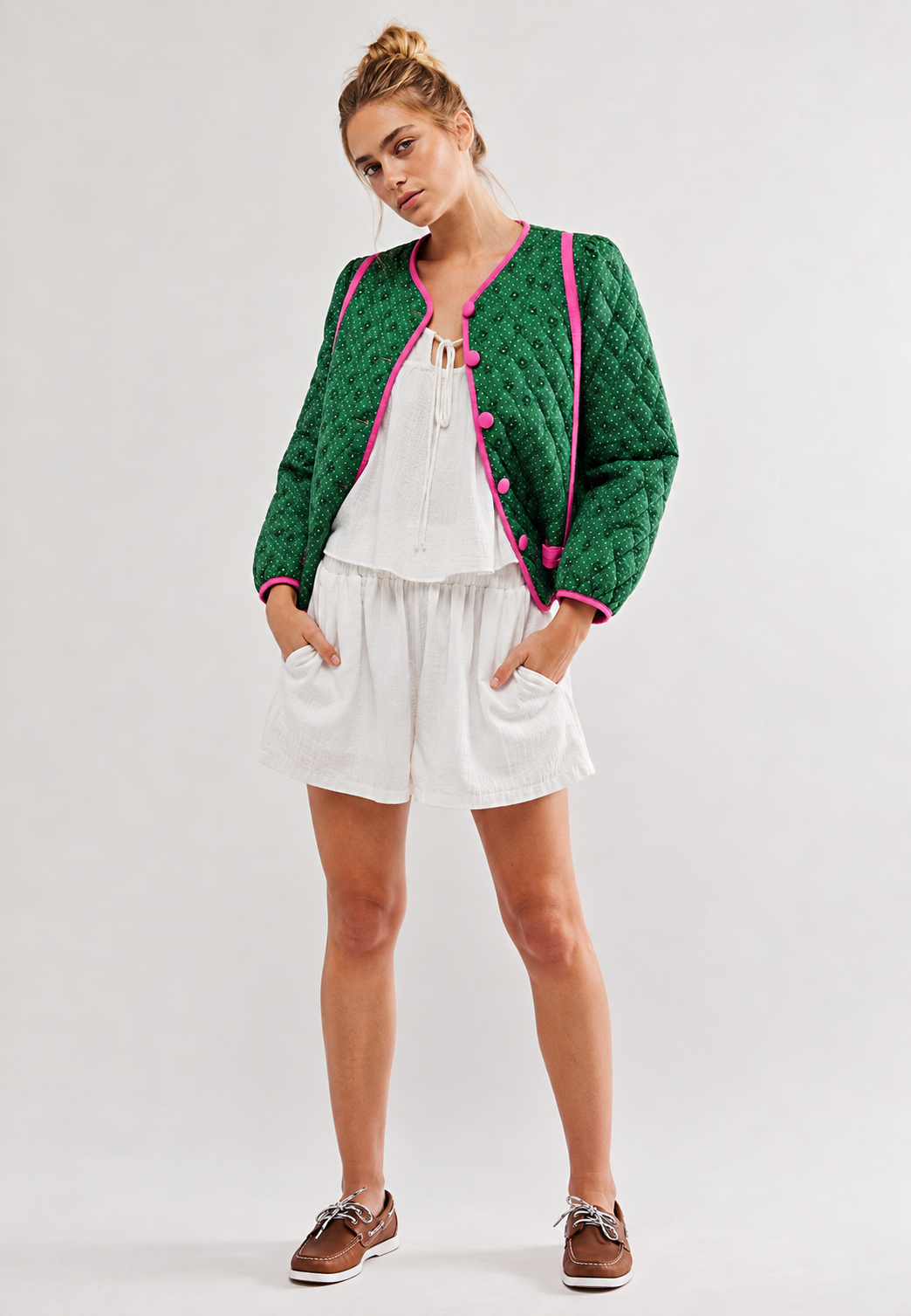 Chaqueta acolchada mujer estampado geométrico lazos decorativos botones forrados corta - Selvara