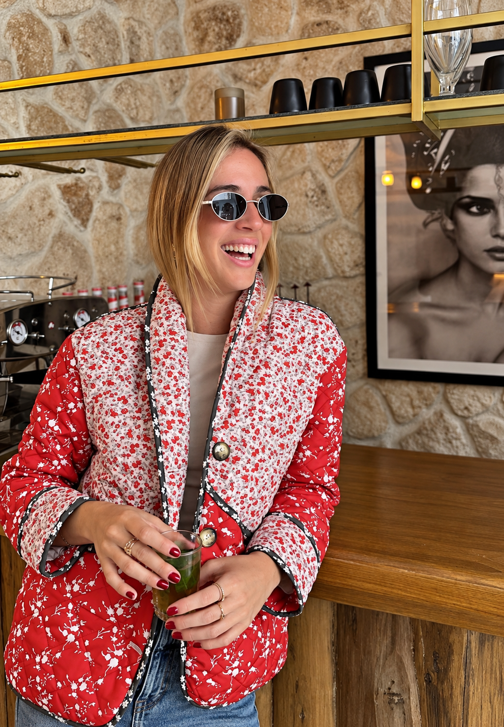 Chaqueta acolchada mujer floral patchwork botones rombos dos estampados - Belemina