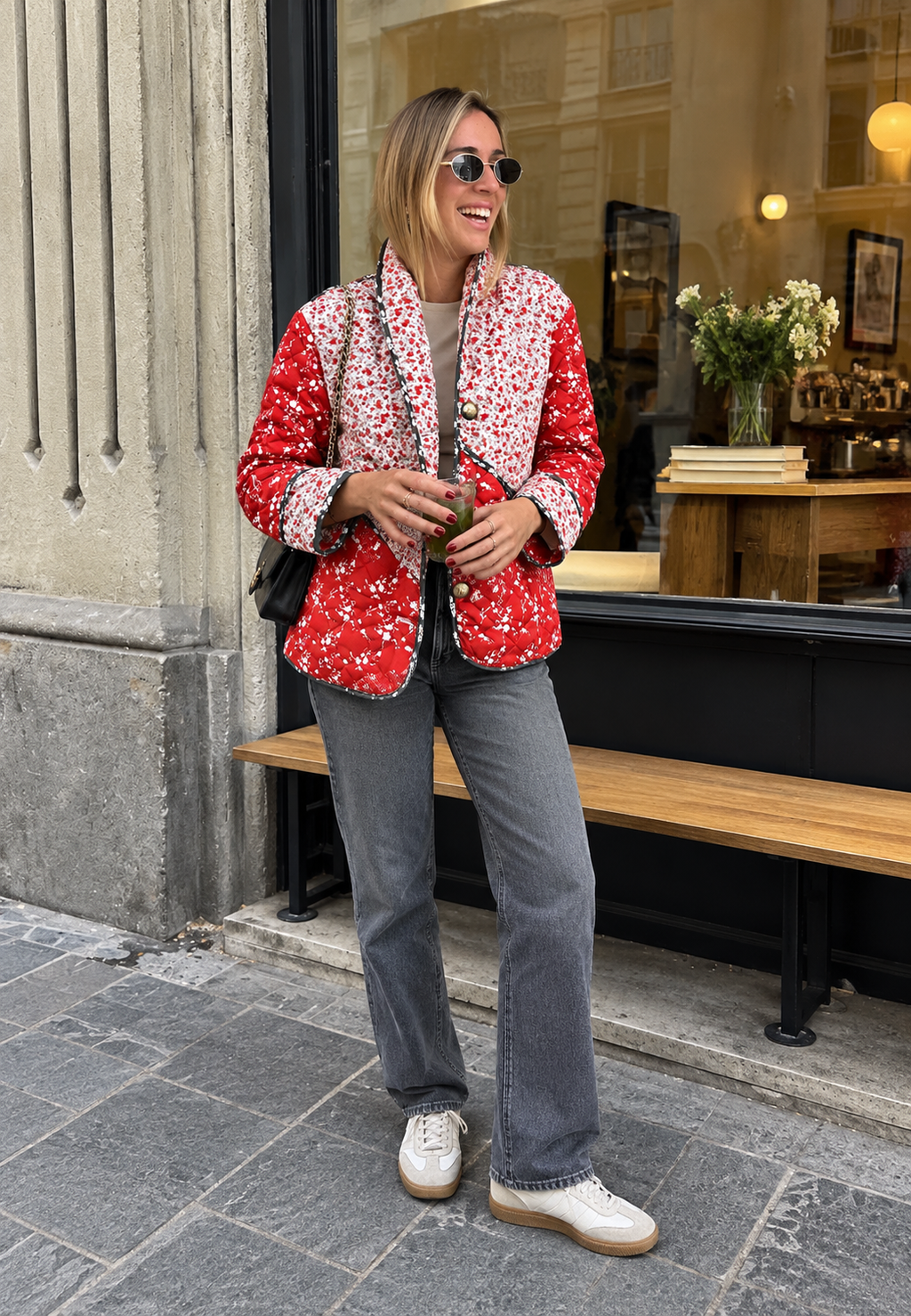 Chaqueta acolchada mujer floral patchwork botones rombos dos estampados - Belemina