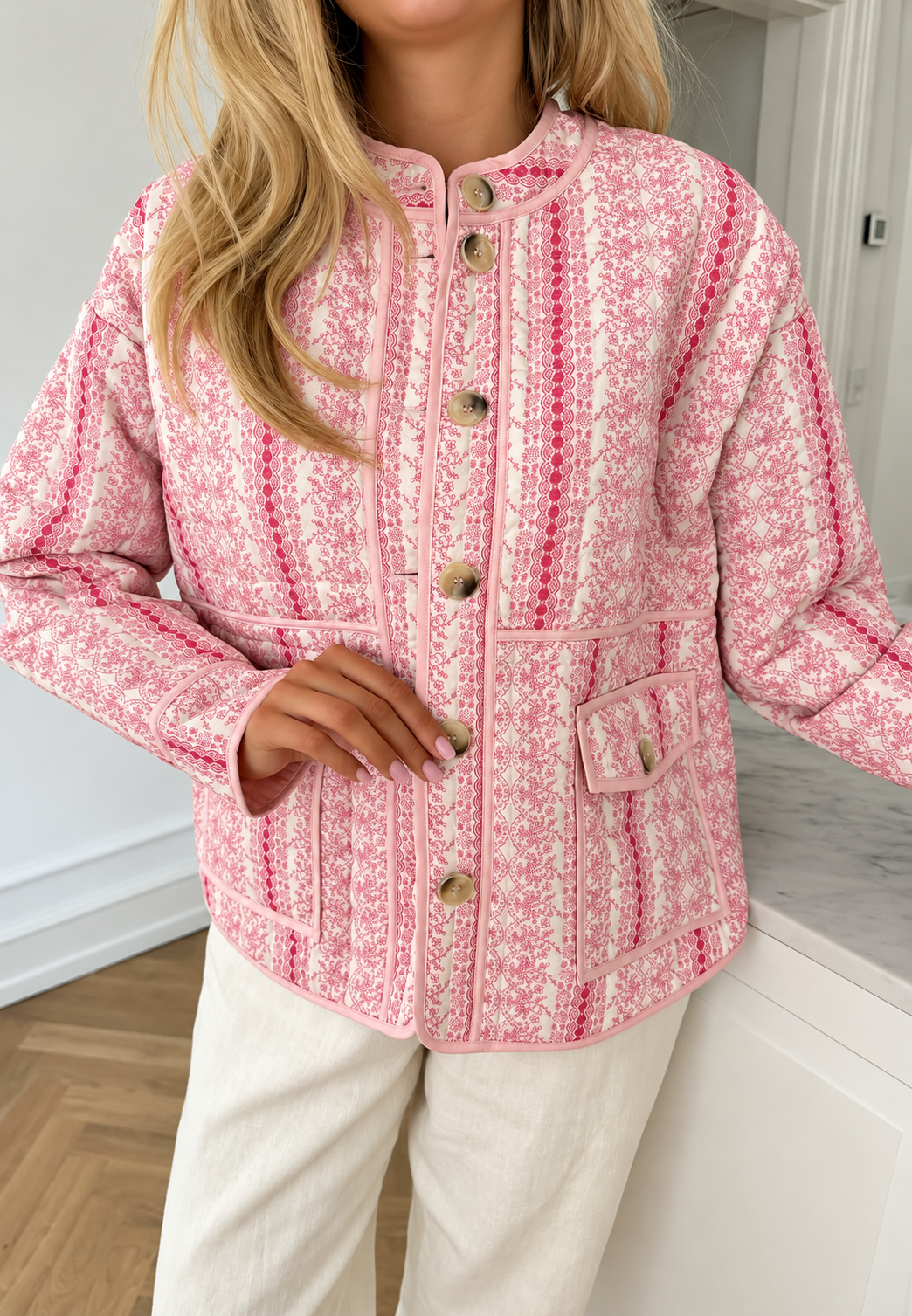 Chaqueta acolchada mujer motivos florales rayas verticales botones corte recto - Alvina