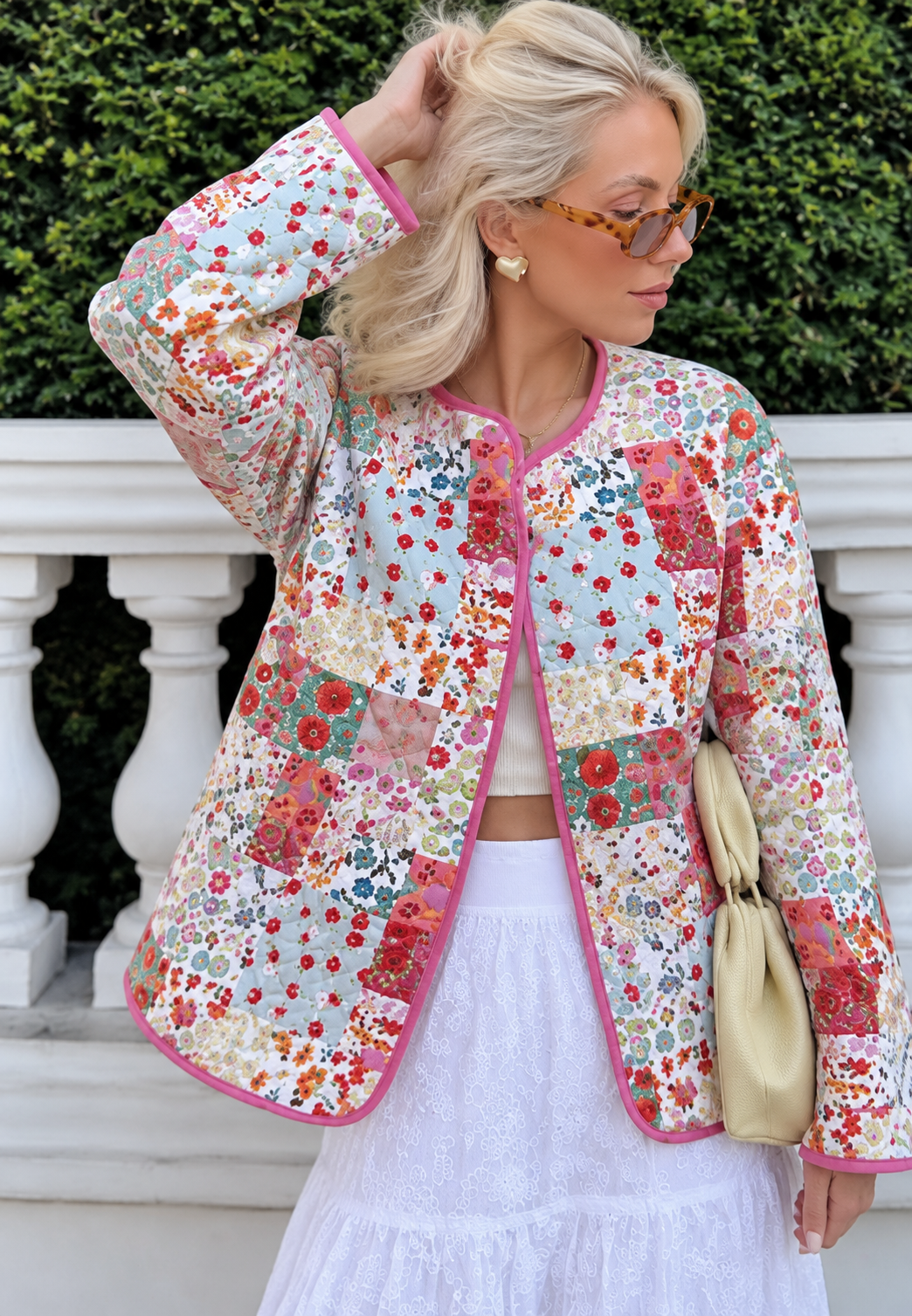 Chaqueta acolchada mujer patchwork floral ribetes rosas capa ligera otoño - Sindella