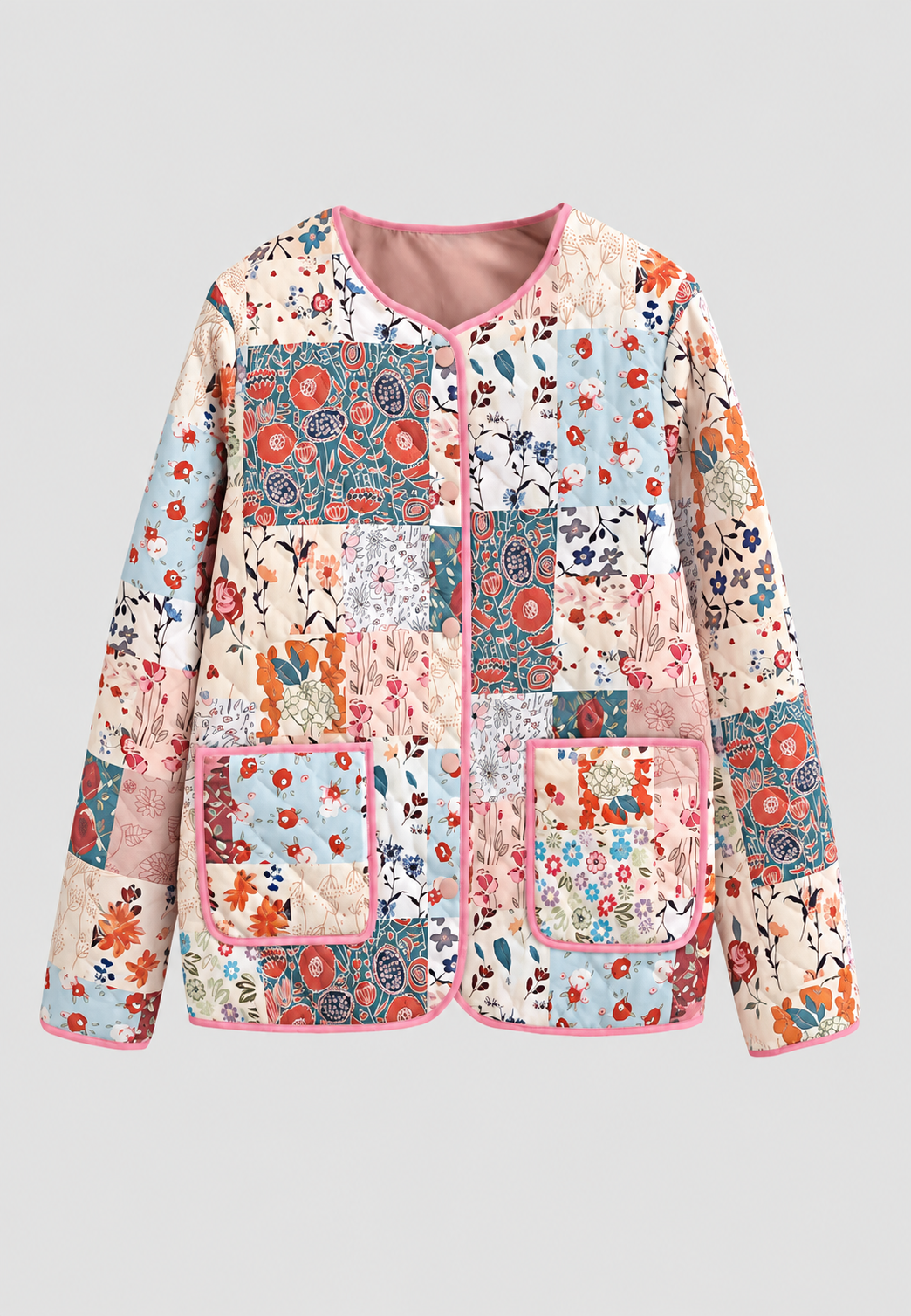 Chaqueta acolchada mujer patchwork floral ribetes rosas capa ligera otoño - Sindella