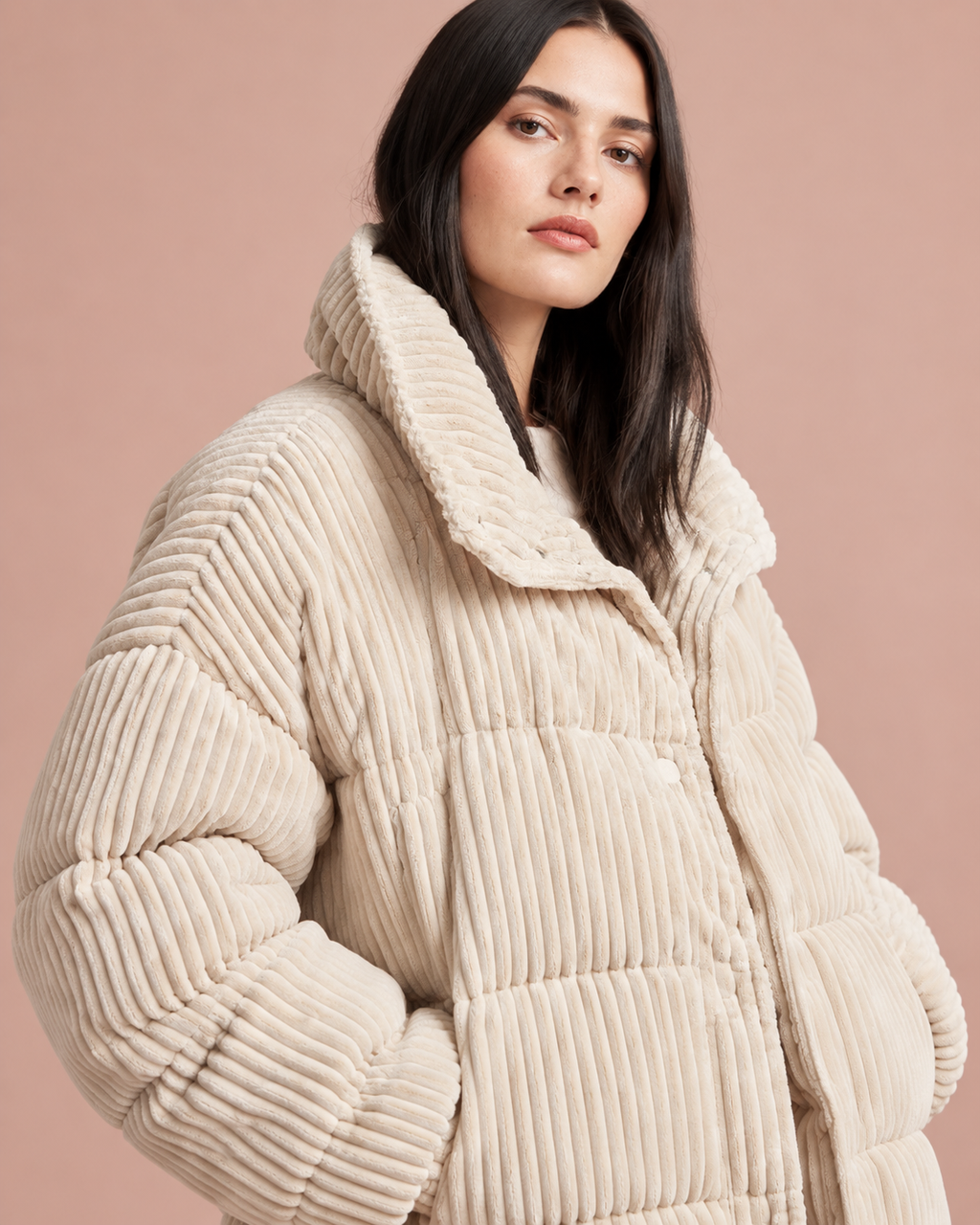 Chaqueta acolchada pana mujer cuello alto corte amplio cálida volumen invierno - Marit