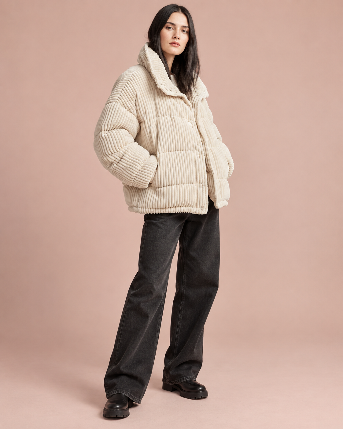 Chaqueta acolchada pana mujer cuello alto corte amplio cálida volumen invierno - Marit
