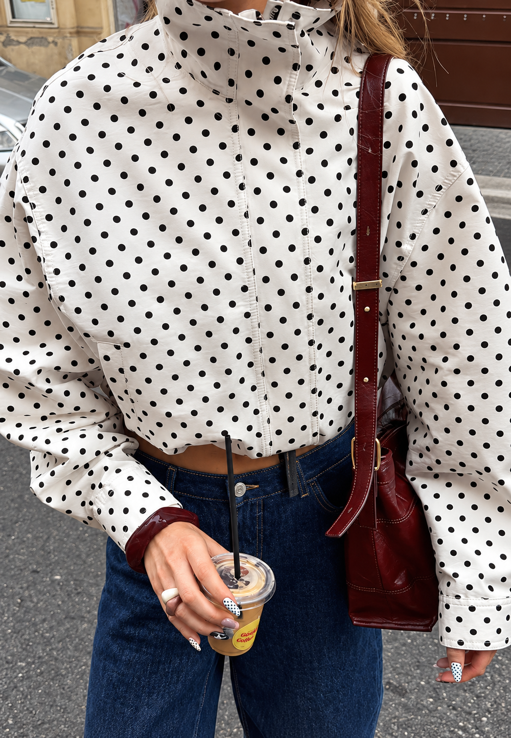 Cazadora bomber mujer estampado topos polka dot cuello alto cremallera retro - Vera