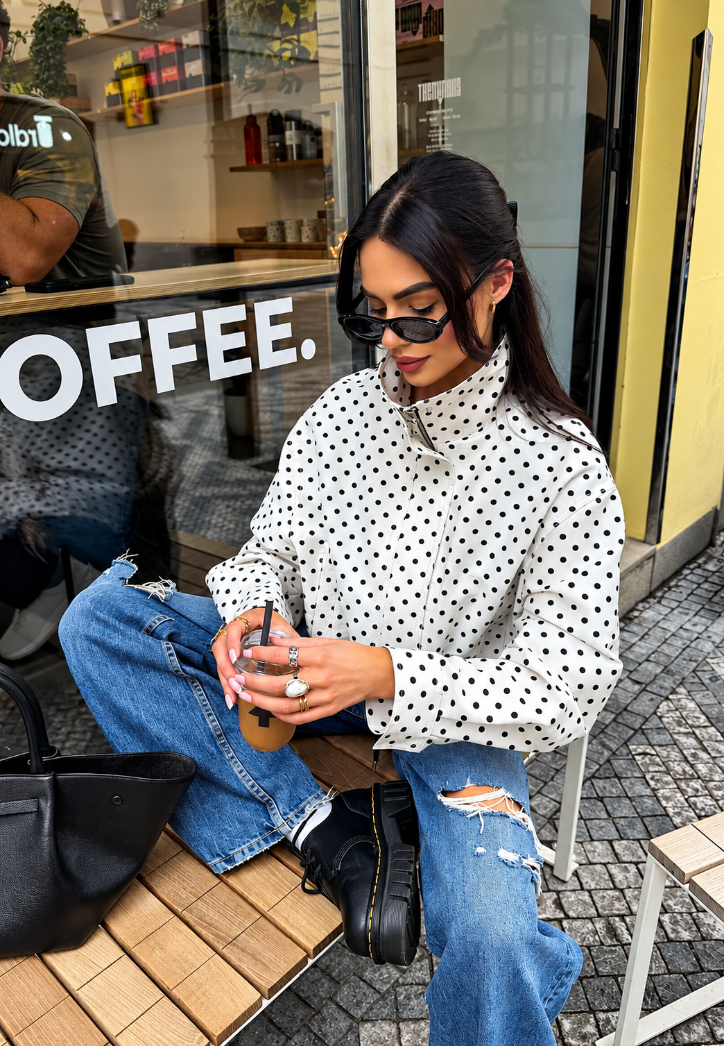 Cazadora bomber mujer estampado topos polka dot cuello alto cremallera retro - Vera