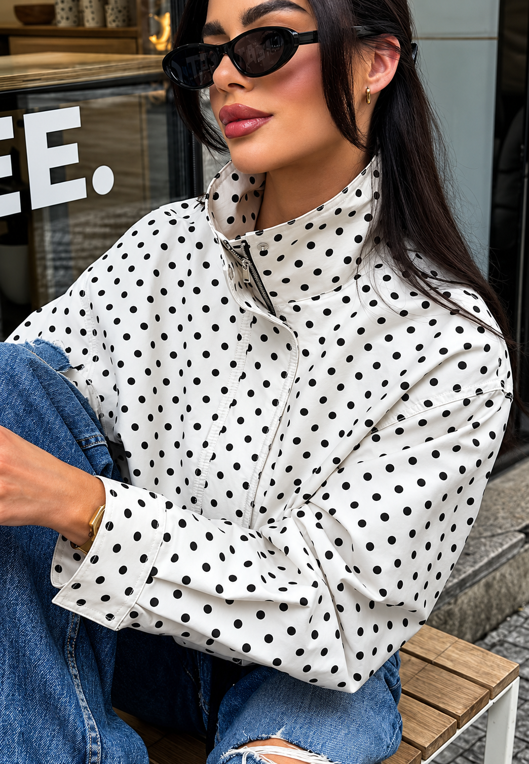 Cazadora bomber mujer estampado topos polka dot cuello alto cremallera retro - Vera