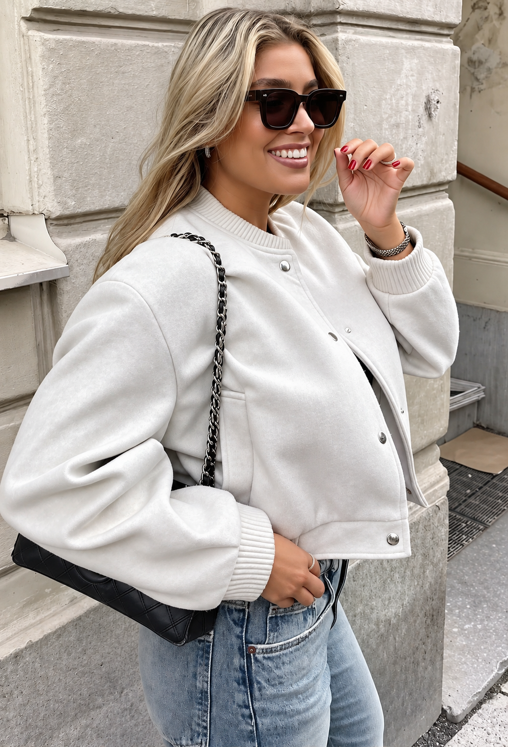 Chaqueta bomber mujer punto botones presión corte corto mangas amplias liso - Calista