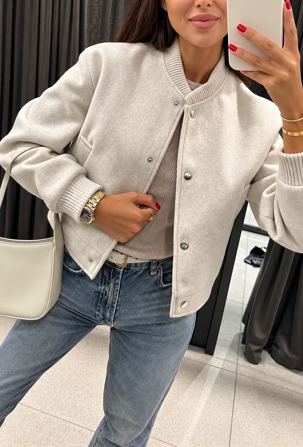 Chaqueta bomber mujer punto botones presión corte corto mangas amplias liso - Calista
