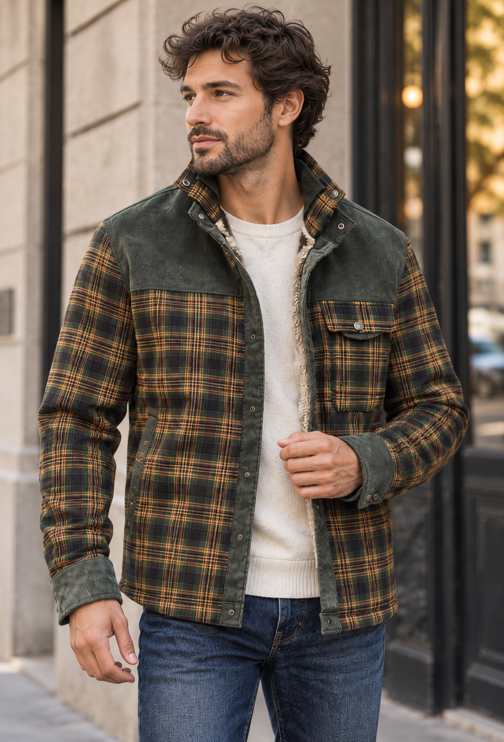 Chaqueta camisera hombre cuadros forro borreguito cuello alto gruesa invierno - Valther