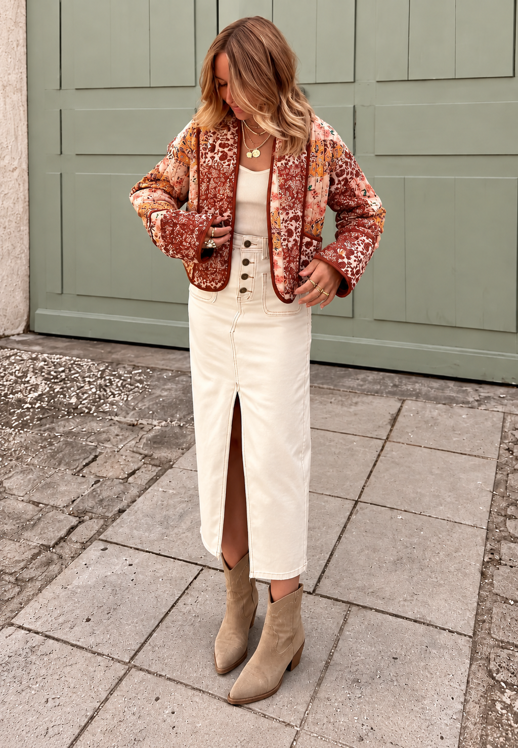 Chaqueta corta acolchada mujer flores patchwork ribetes amplia cómoda otoño - Brienne