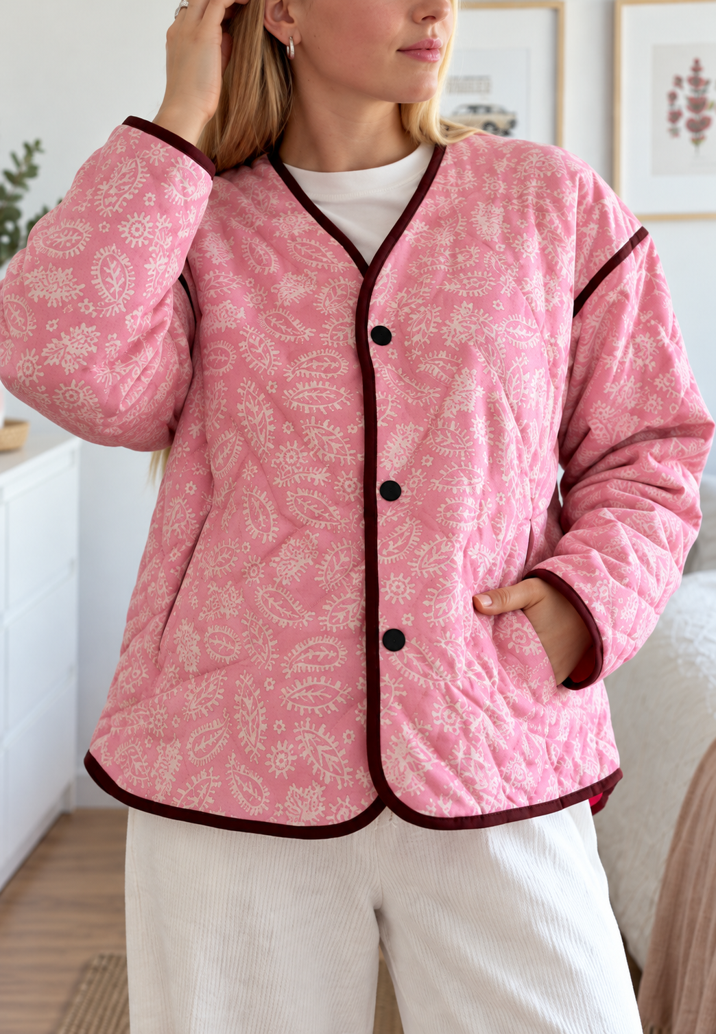 Chaqueta corta mujer paisley acolchado rombos ribetes contraste cachemira - Ottavia