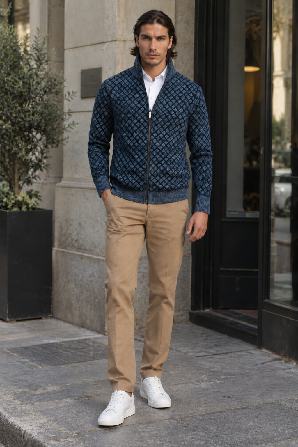 Chaqueta punto hombre rombos cuello alto cremallera corte recto otoño - Gaëtan