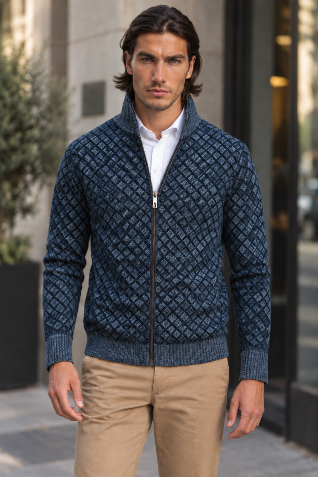 Chaqueta punto hombre rombos cuello alto cremallera corte recto otoño - Gaëtan
