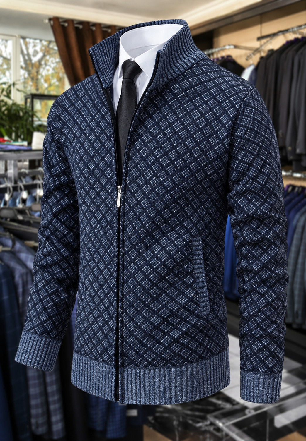 Chaqueta punto hombre rombos cuello alto cremallera corte recto otoño - Gaëtan