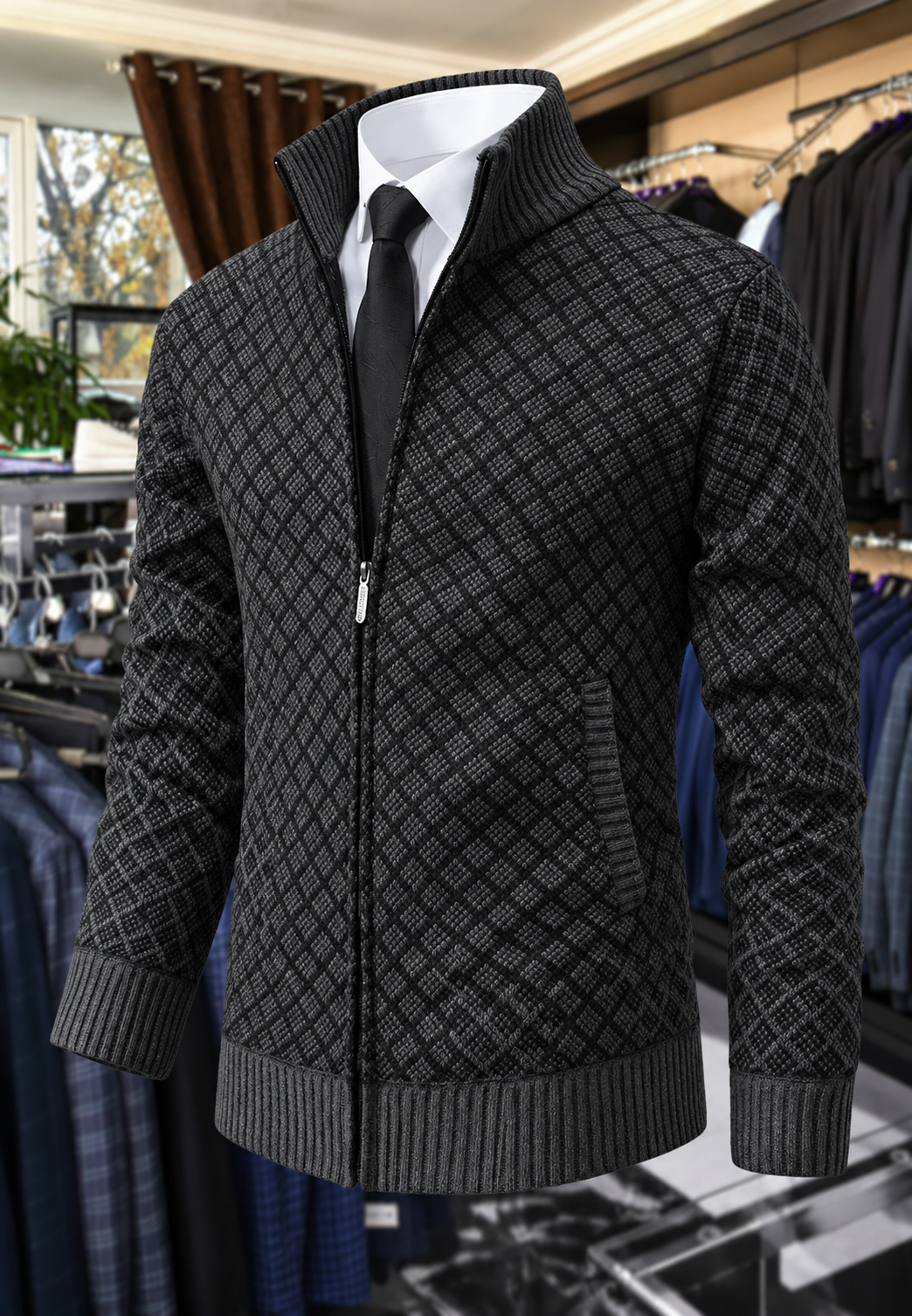 Chaqueta punto hombre rombos cuello alto cremallera corte recto otoño - Gaëtan