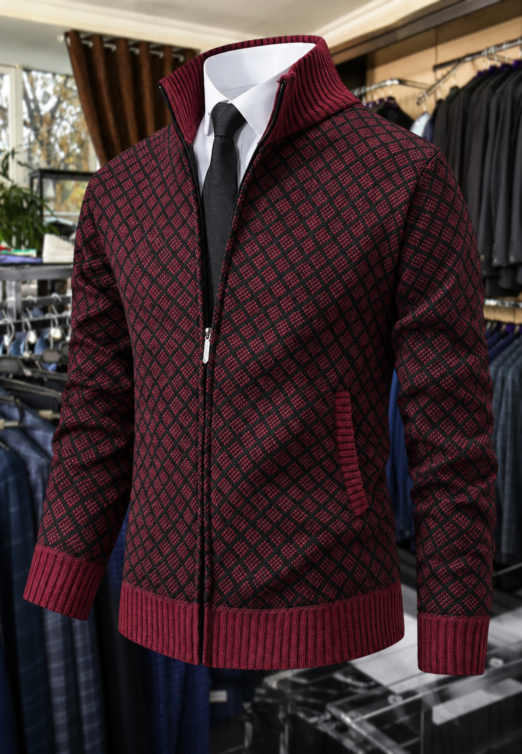 Chaqueta punto hombre rombos cuello alto cremallera corte recto otoño - Gaëtan