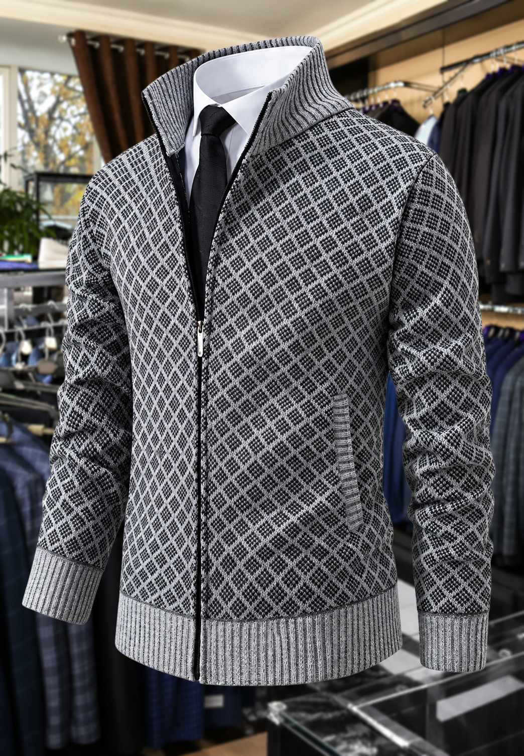 Chaqueta punto hombre rombos cuello alto cremallera corte recto otoño - Gaëtan