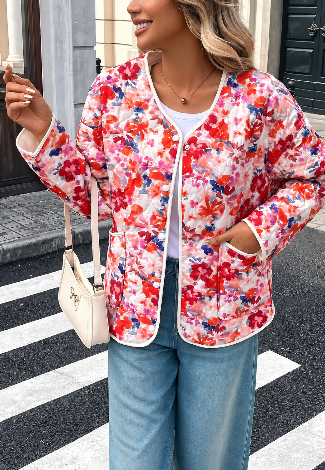 Chaqueta acolchada mujer floral flores grandes bolsillos frontales ribetes cadera - Renate