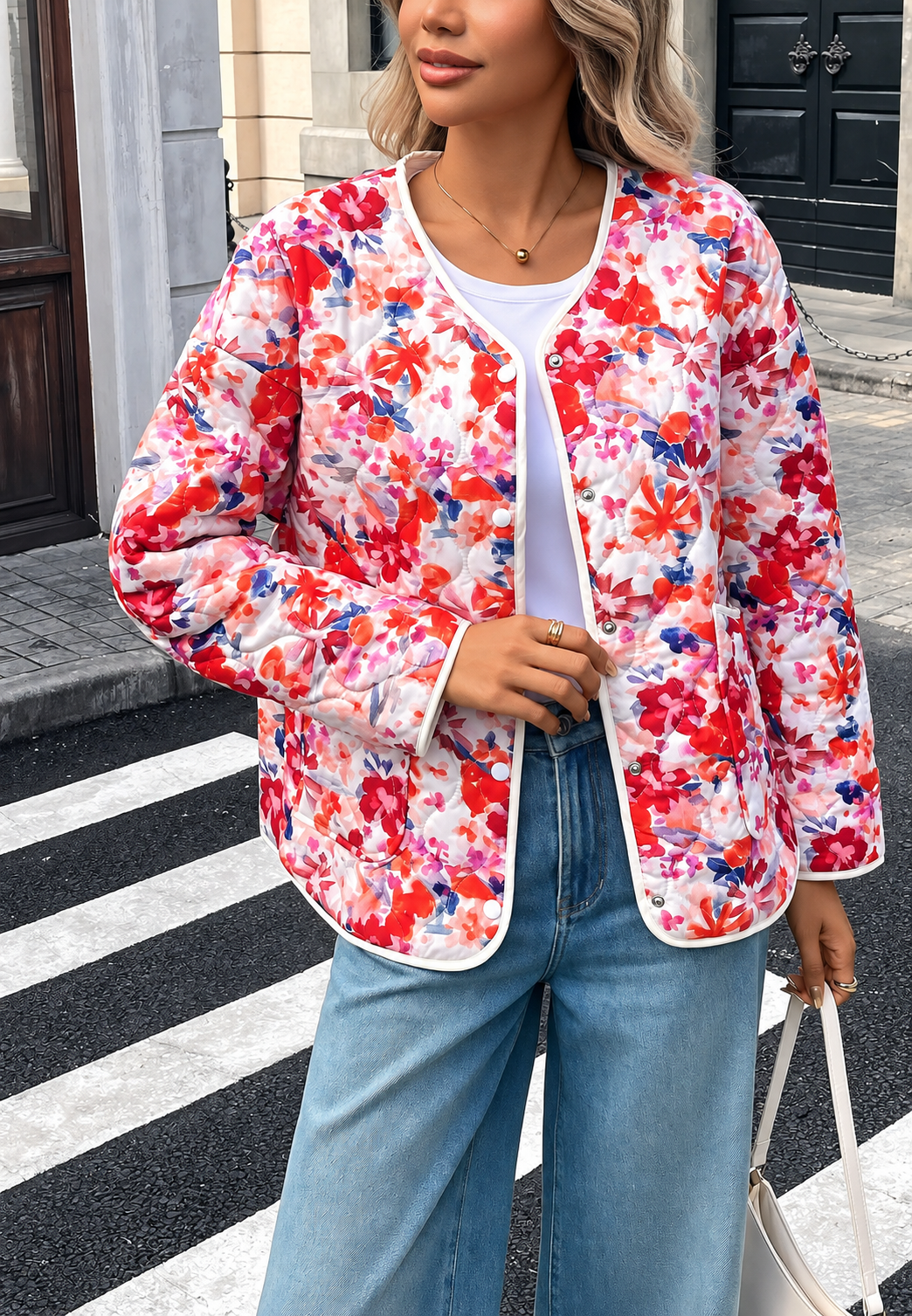 Chaqueta acolchada mujer floral flores grandes bolsillos frontales ribetes cadera - Renate