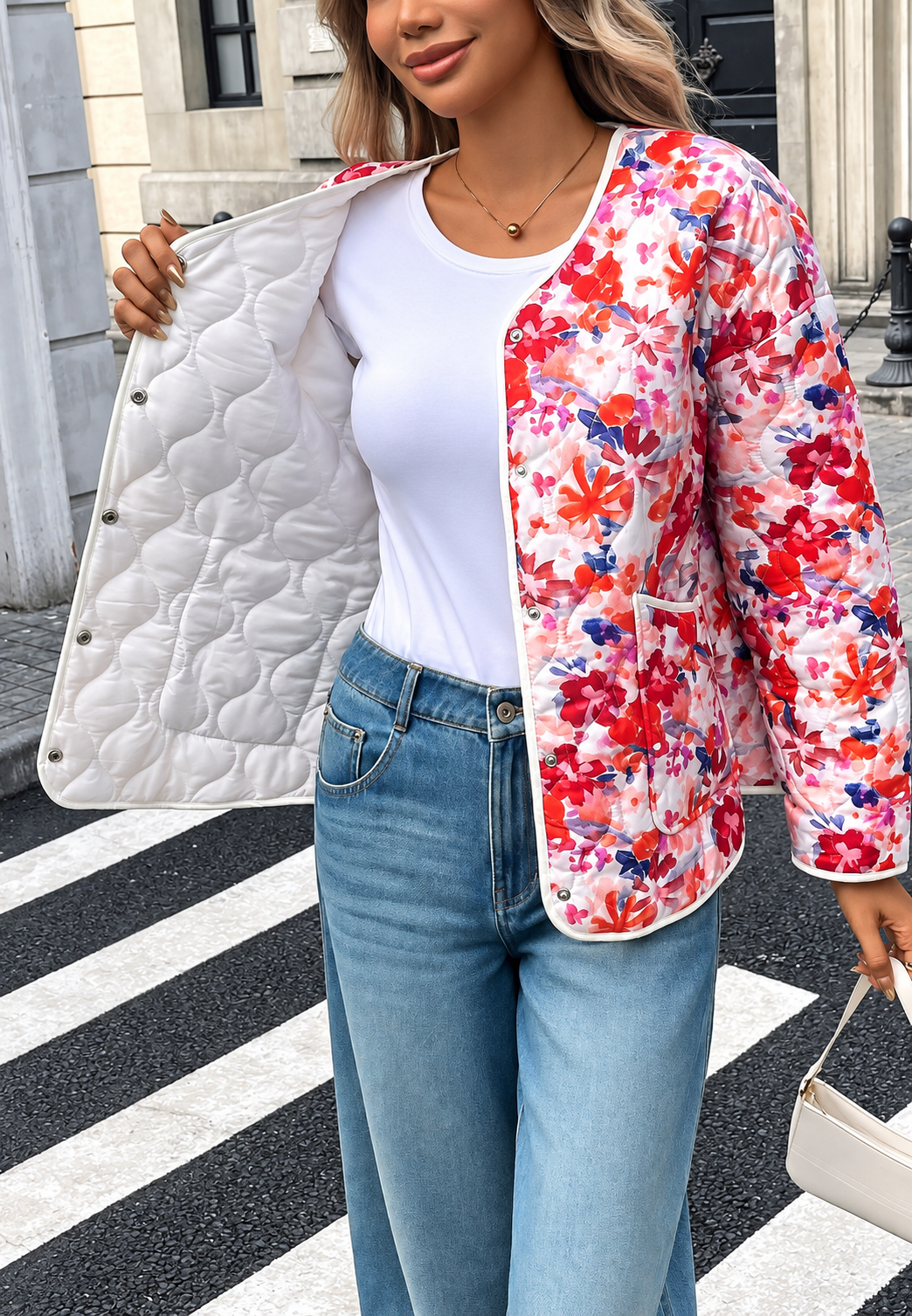 Chaqueta acolchada mujer floral flores grandes bolsillos frontales ribetes cadera - Renate