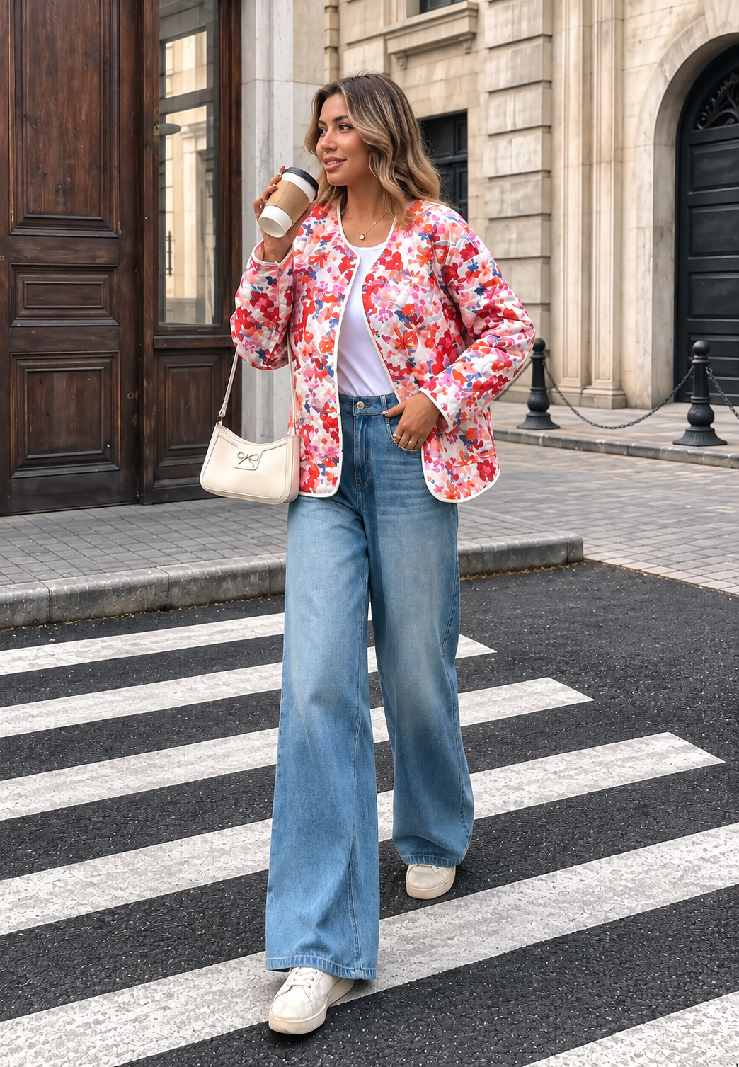 Chaqueta acolchada mujer floral flores grandes bolsillos frontales ribetes cadera - Renate
