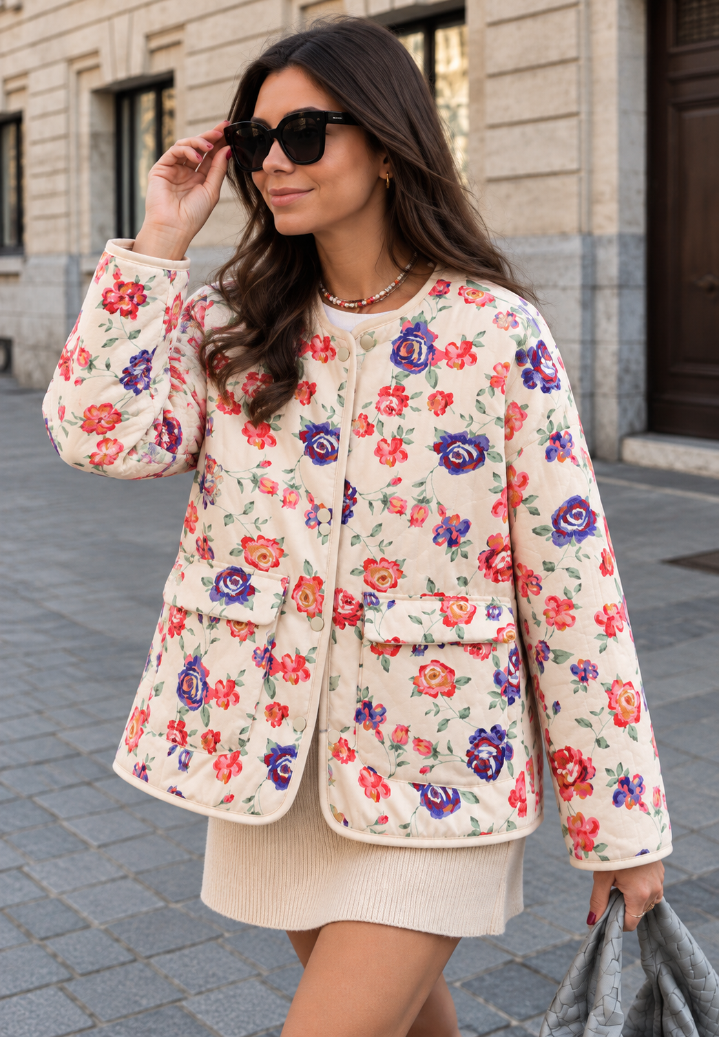 Chaqueta floral mujer acolchado rombos botones delanteros corte amplio cadera - Elizabeth