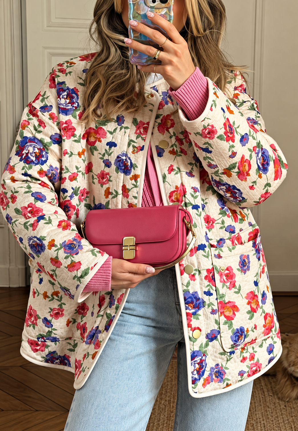 Chaqueta floral mujer acolchado rombos botones delanteros corte amplio cadera - Elizabeth