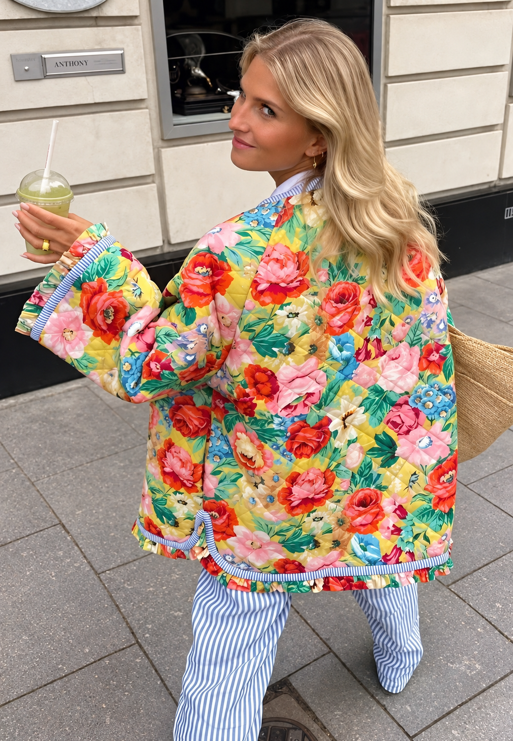 Chaqueta floral mujer corte evasé acolchado rombos volantes bajo movimiento - Clotilde
