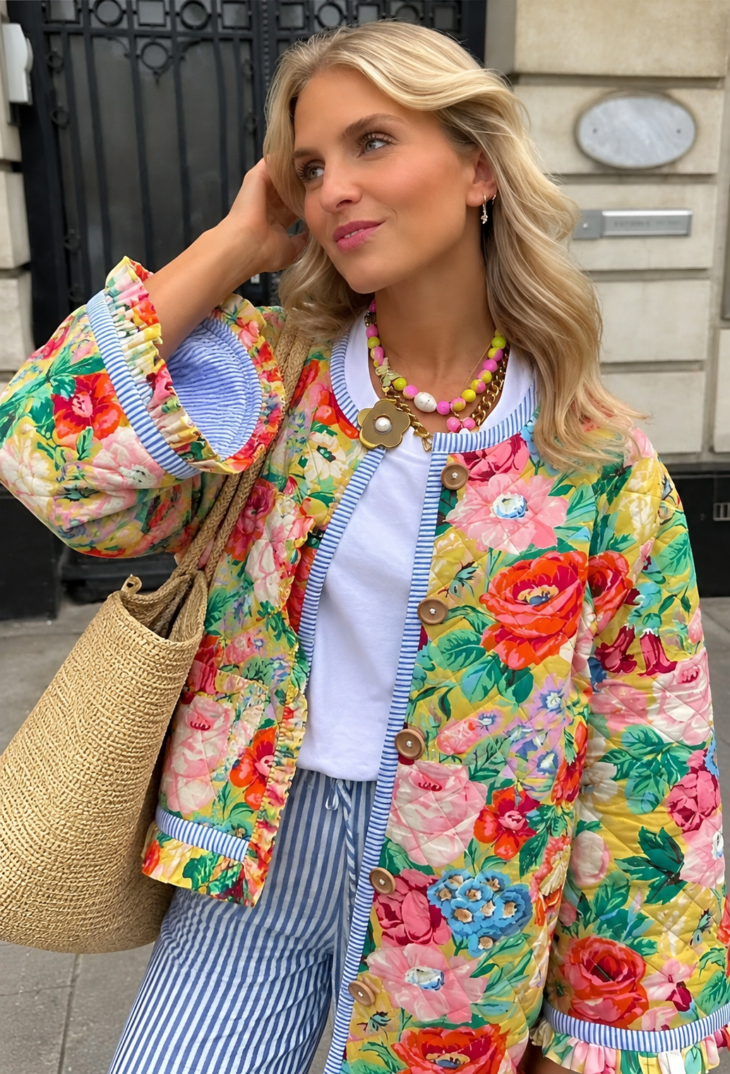 Chaqueta floral mujer corte evasé acolchado rombos volantes bajo movimiento - Clotilde
