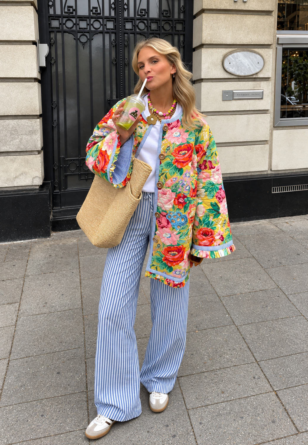 Chaqueta floral mujer corte evasé acolchado rombos volantes bajo movimiento - Clotilde