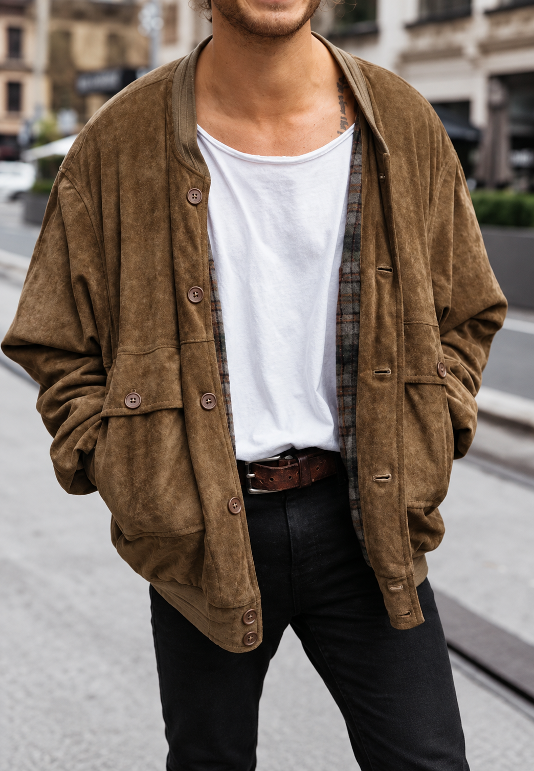 Chaqueta hombre efecto ante corte amplio bolsillos solapa botones casual otoño - Mikkel