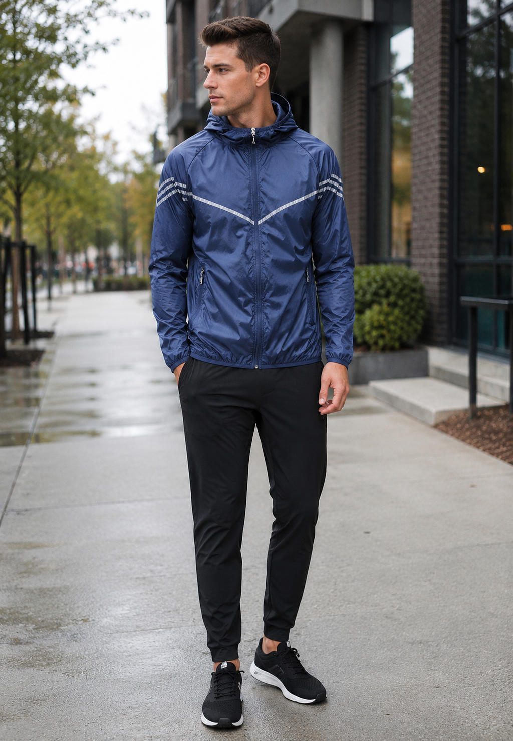 Chaqueta impermeable hombre capucha cremallera bandas contraste deportiva lluvia - Thiago