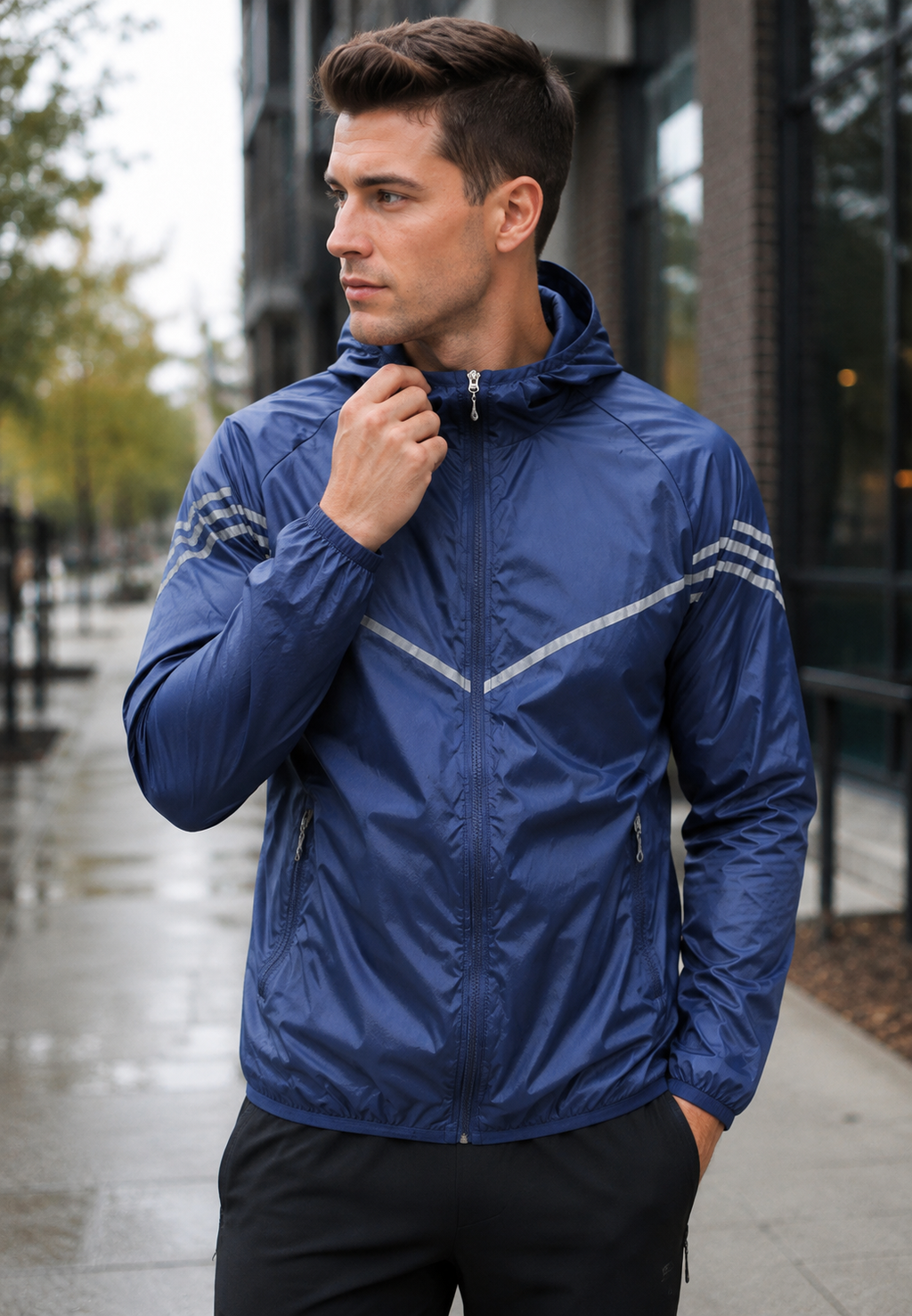 Chaqueta impermeable hombre capucha cremallera bandas contraste deportiva lluvia - Thiago