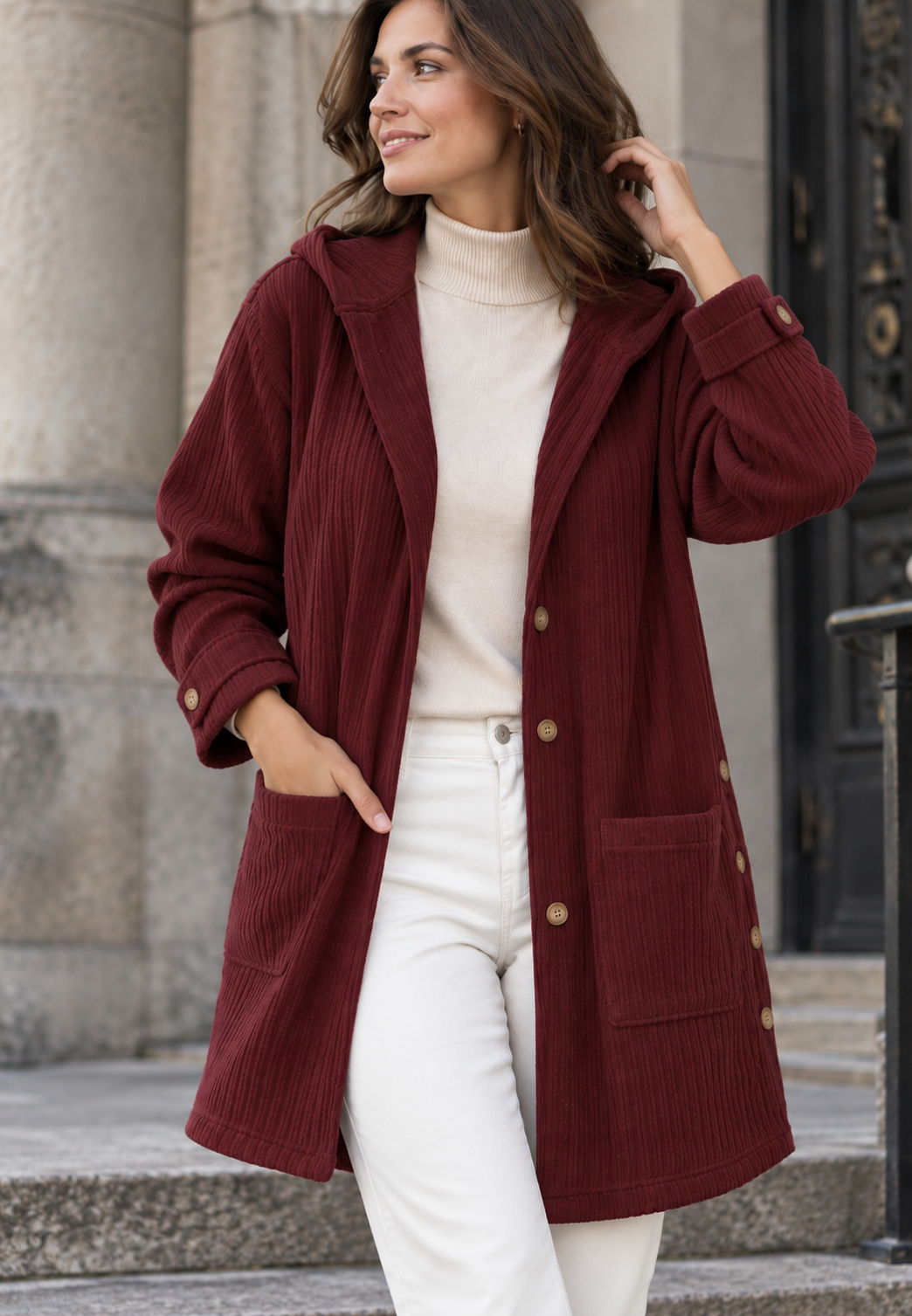 Chaqueta pana mujer larga capucha abotonada corte amplio cobertura otoño - Coralie