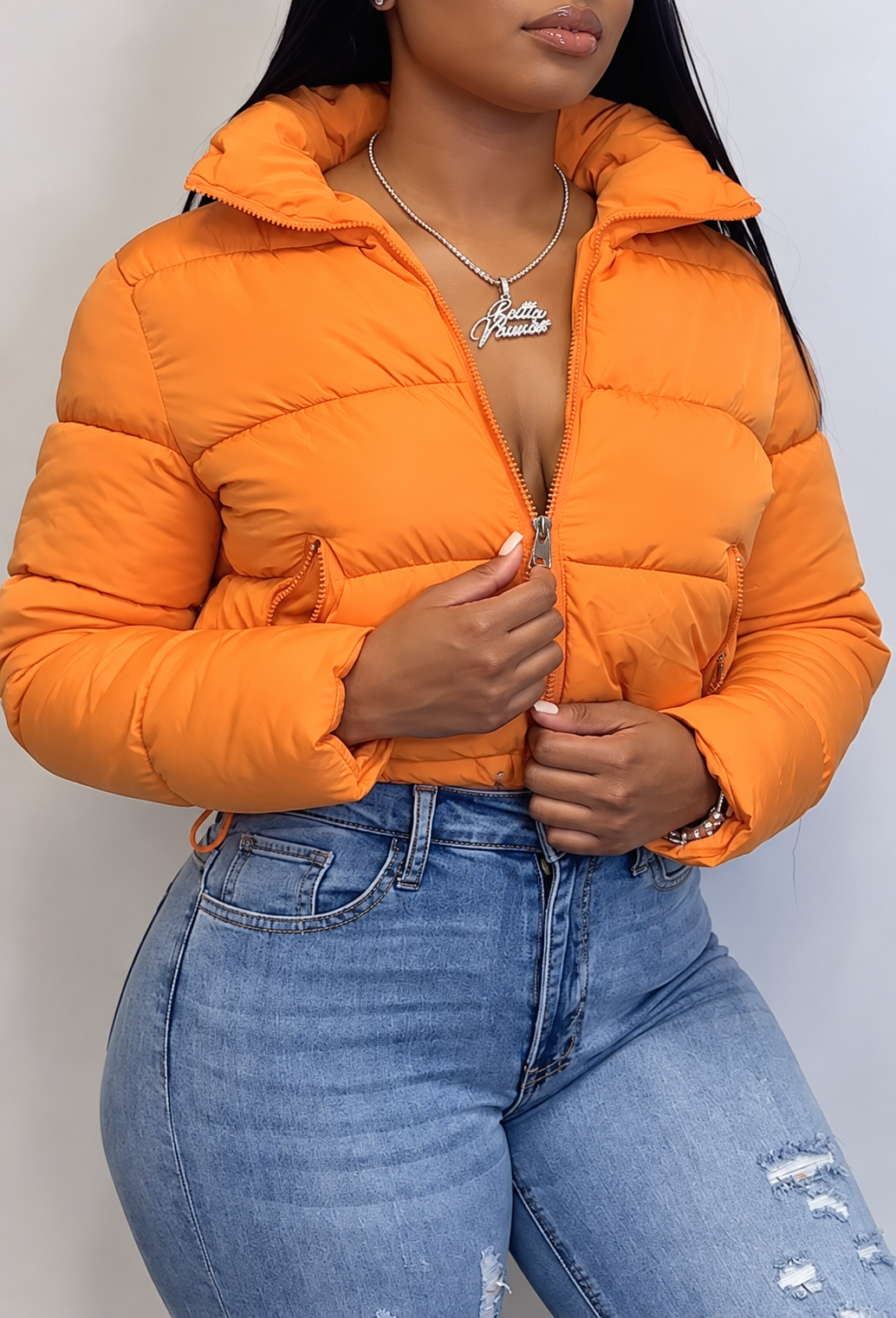 Chaqueta acolchada corta mujer cuello alto cremallera largo cintura gruesa - Zaira