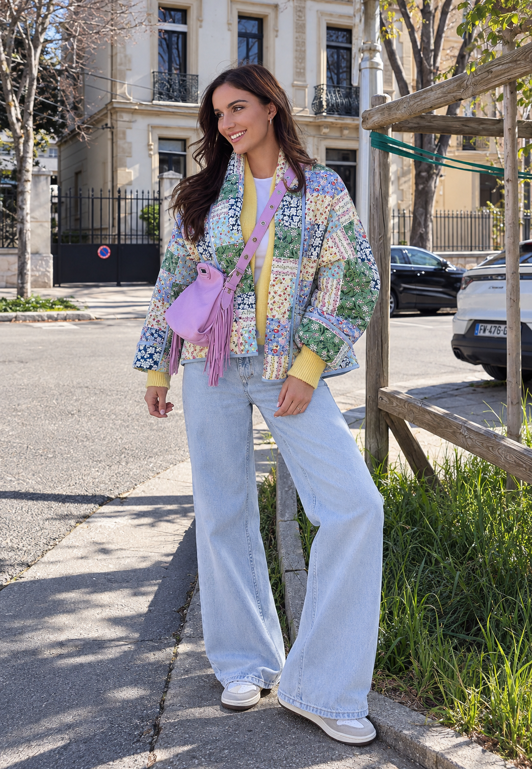 Chaqueta acolchada mujer cuadros florales patchwork solapas estilo colcha - Bettina