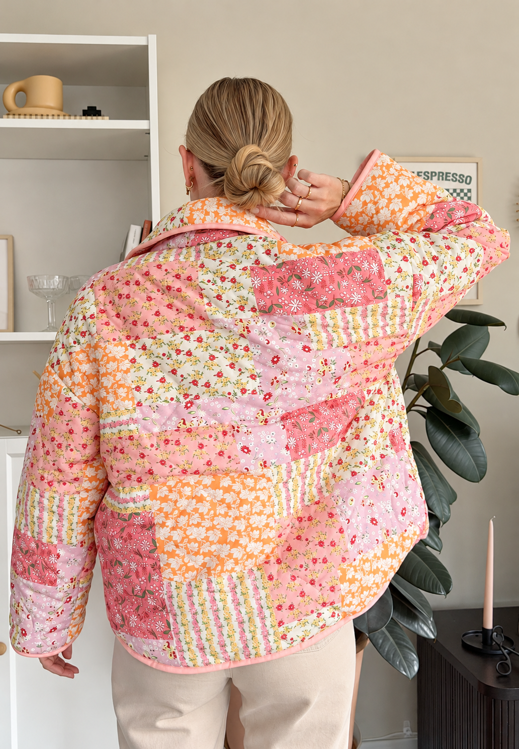Chaqueta acolchada mujer flores pequeñas cuello solapa cuadros irregulares boho - Zinnia