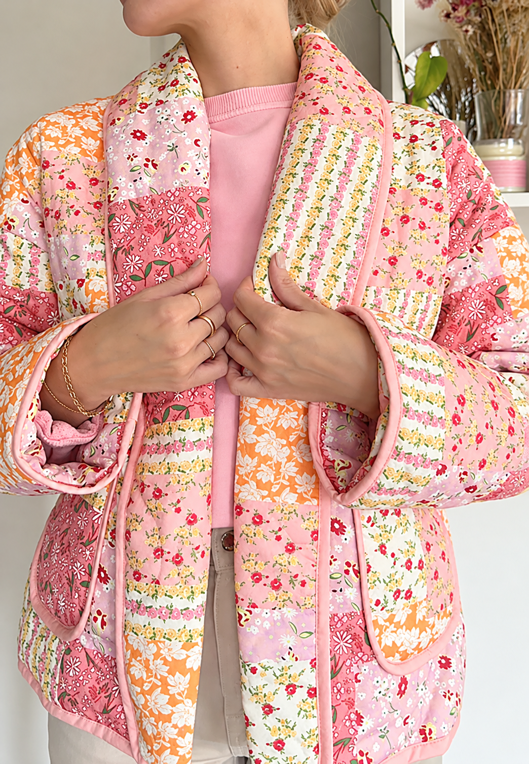 Chaqueta acolchada mujer flores pequeñas cuello solapa cuadros irregulares boho - Zinnia
