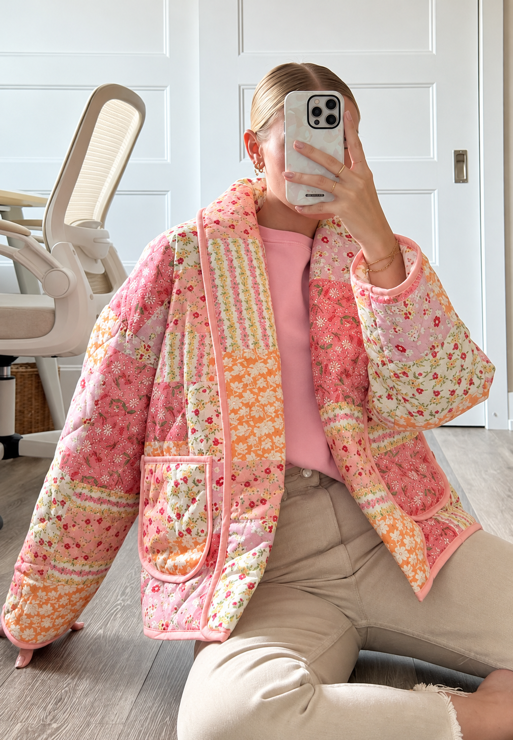Chaqueta acolchada mujer flores pequeñas cuello solapa cuadros irregulares boho - Zinnia