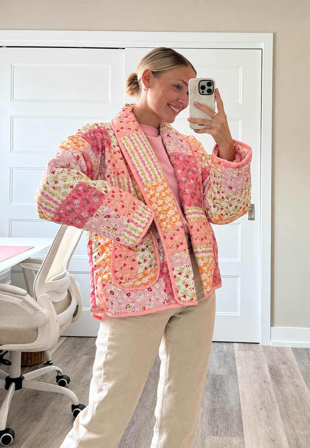 Chaqueta acolchada mujer flores pequeñas cuello solapa cuadros irregulares boho - Zinnia