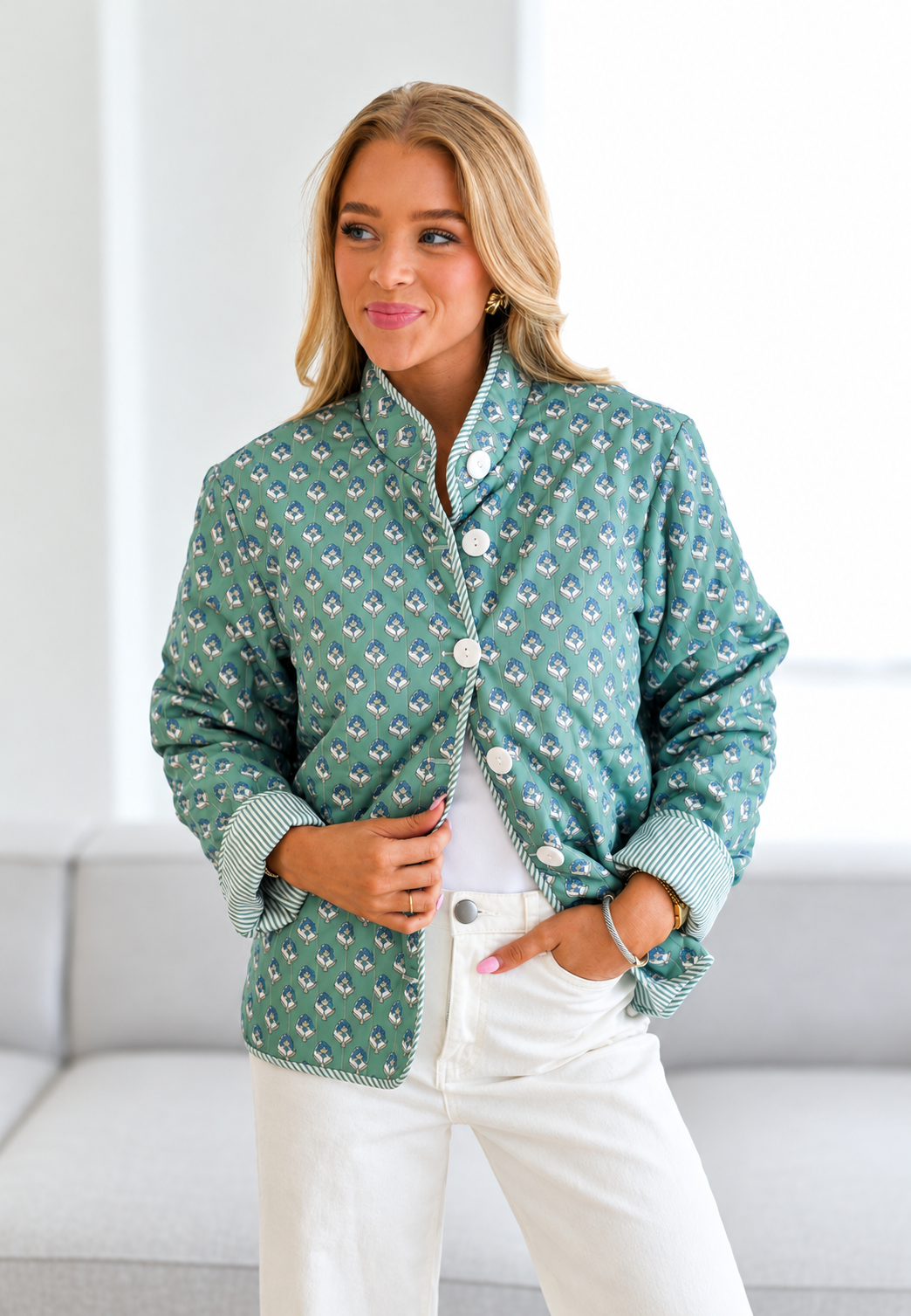 Chaqueta acolchada mujer microfloral cuello alto botones puños vueltos - Bodil